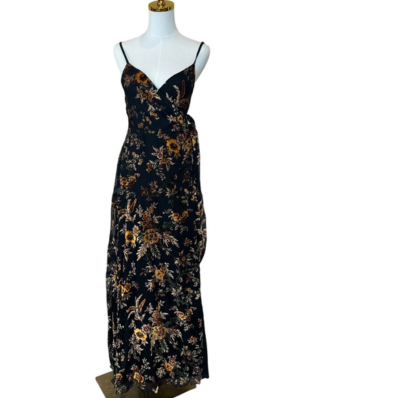 Hutch Black Burnout Velvet Slip Maxi Dress MEDIUM Floral Wrap Gown Designer $319 - Picture 8 of 11